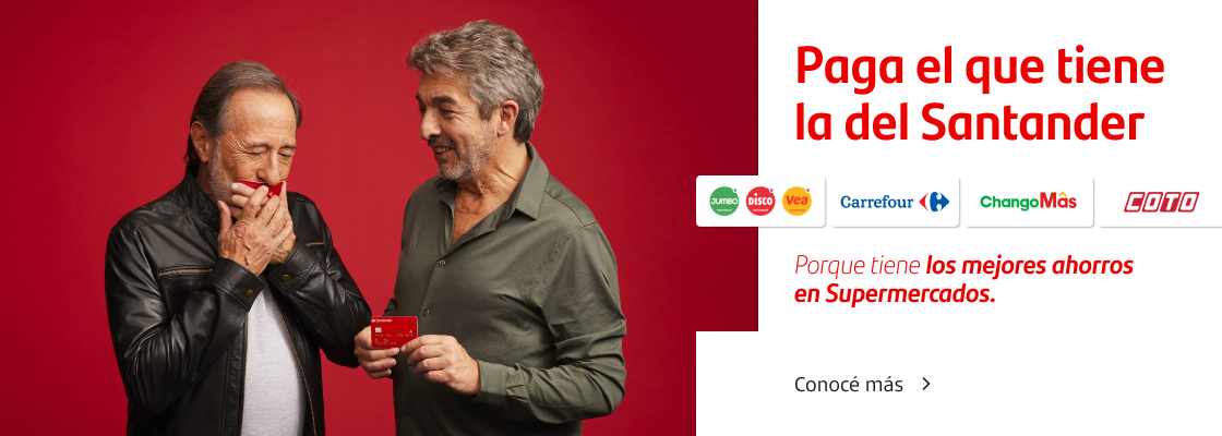 Paga el que tiene la del Santander, porque tiene los mejores ahorros. Disfrutá de los mejores ahorros en Carrefour, Farmacity, YPF, Jumbo, Disco, Vea, PedidosYa+, McDonald's y mucho más. Conocé más.