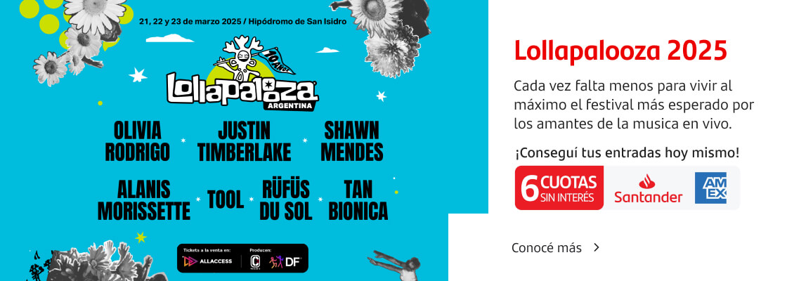 ¡Lollapalooza 2025! Cada vez falta menos para vivir al máximo el festival más esperado por los amantes de la musica en vivo. Conseguí tus entradas con 6 cuotas sin interés pagando con tus Tarjetas Santander American Express.