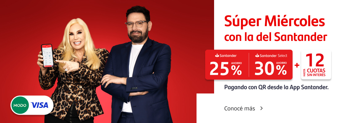 ¡Volvieron los Súper Miércoles! Promoción exclusiva lanzamiento 11 de septiembre: Hasta 30% de ahorro y 18 cuotas sin interés pagando con tu Tarjeta Visa con QR a través de la App Santander. Conocé más.