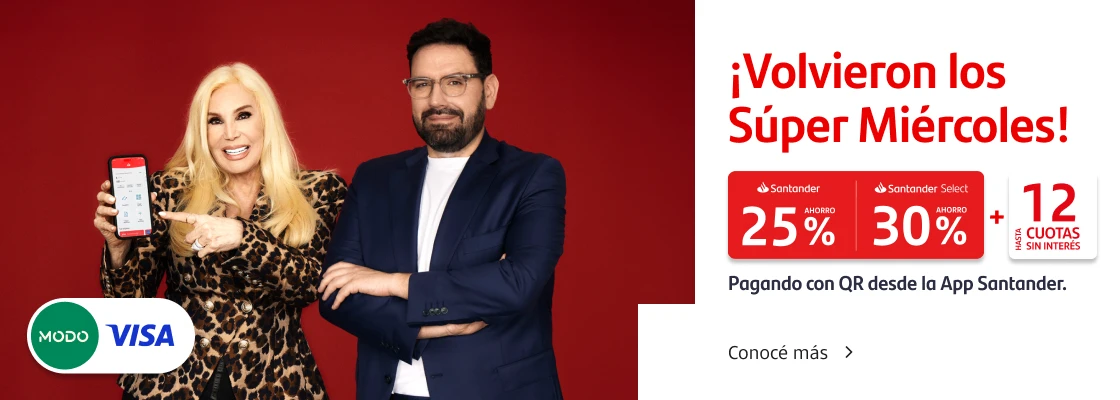 ¡Volvieron los Súper Miércoles! Promoción exclusiva lanzamiento 11 de septiembre: Hasta 30% de ahorro y hasta 12 cuotas sin interés pagando con tu Tarjeta Visa con QR a través de la App Santander. Conocé más.