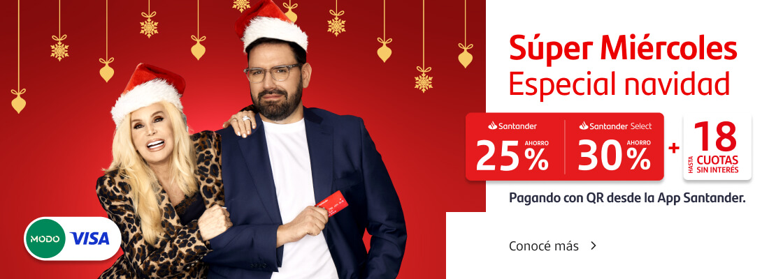 Super Miércoles Especial Navidad. 25% de ahorro para todos los clientes, 30% de ahorro para clientes Select y hasta 18 cuotas sin interés pagando con QR desde la App Santander. Beneficio exclusivo 18 de diciembre.