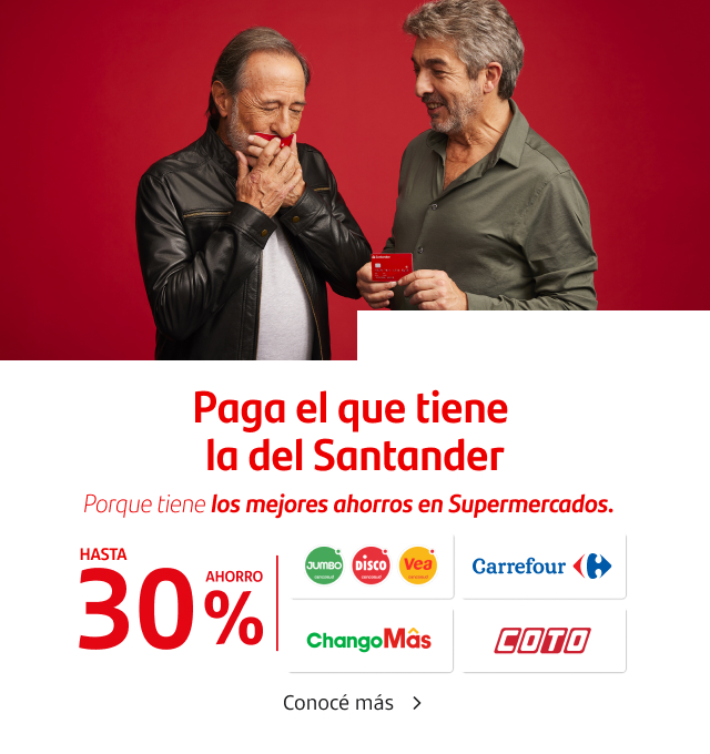 Paga el que tiene la del Santander, porque tiene los mejores ahorros. Disfrutá de los mejores ahorros en Carrefour, Farmacity, YPF, Jumbo, Disco, Vea, PedidosYa+, McDonald's y mucho más. Conocé más.