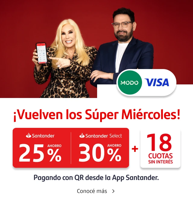 ¡Volvieron los Súper Miércoles! Promoción exclusiva lanzamiento 11 de septiembre: Hasta 30% de ahorro y 18 cuotas sin interés pagando con tu Tarjeta Visa con QR a través de la App Santander. Conocé más.