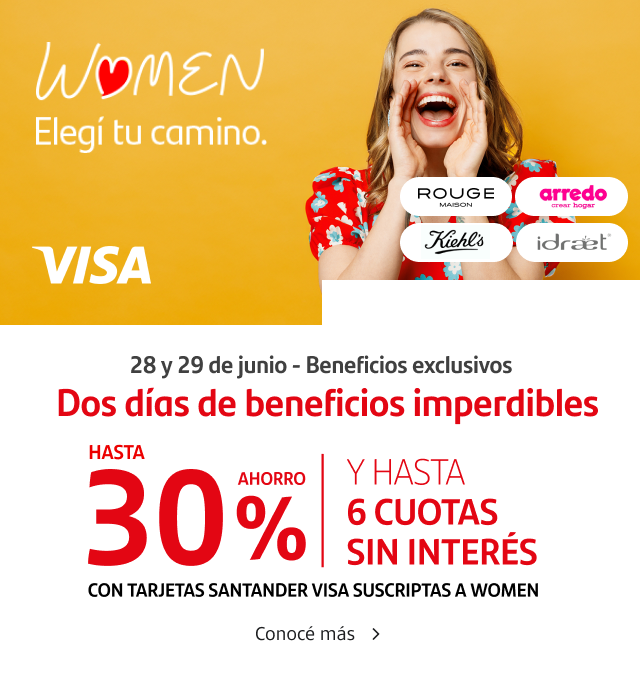 El 28 y 29 de junio, disfrutá con Santander Women. ¡Dos días de beneficios imperdibles! Disfrutá hasta 30% de ahorro y hasta 6 cuotas sin interés en las mejores marcas. Conocé más.