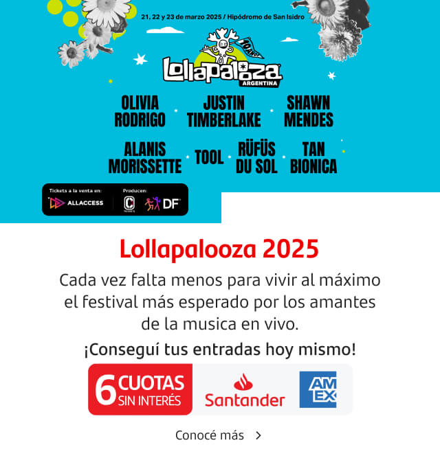 ¡Lollapalooza 2025! Cada vez falta menos para vivir al máximo el festival más esperado por los amantes de la musica en vivo. Conseguí tus entradas con 6 cuotas sin interés pagando con tus Tarjetas Santander American Express.