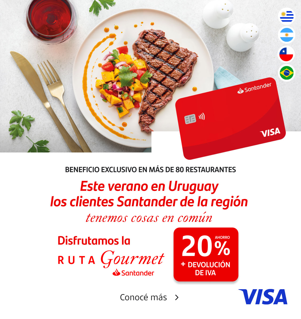 Este verano en Uruguay los clientes Santander de la región tenemos cosas en común. 20% de ahorro + devolución de IVA disrutando de la Ruta Gourmet en Uruguay. Válido con Tarjetas Santader Visa de Crédito.