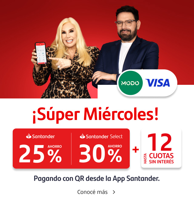 ¡Volvieron los Súper Miércoles! Promoción exclusiva lanzamiento 11 de septiembre: Hasta 30% de ahorro y 18 cuotas sin interés pagando con tu Tarjeta Visa con QR a través de la App Santander. Conocé más.