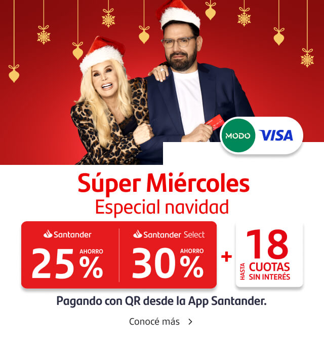 Super Miércoles Especial Navidad. 25% de ahorro para todos los clientes, 30% de ahorro para clientes Select y hasta 18 cuotas sin interés pagando con QR desde la App Santander. Beneficio exclusivo 18 de diciembre.